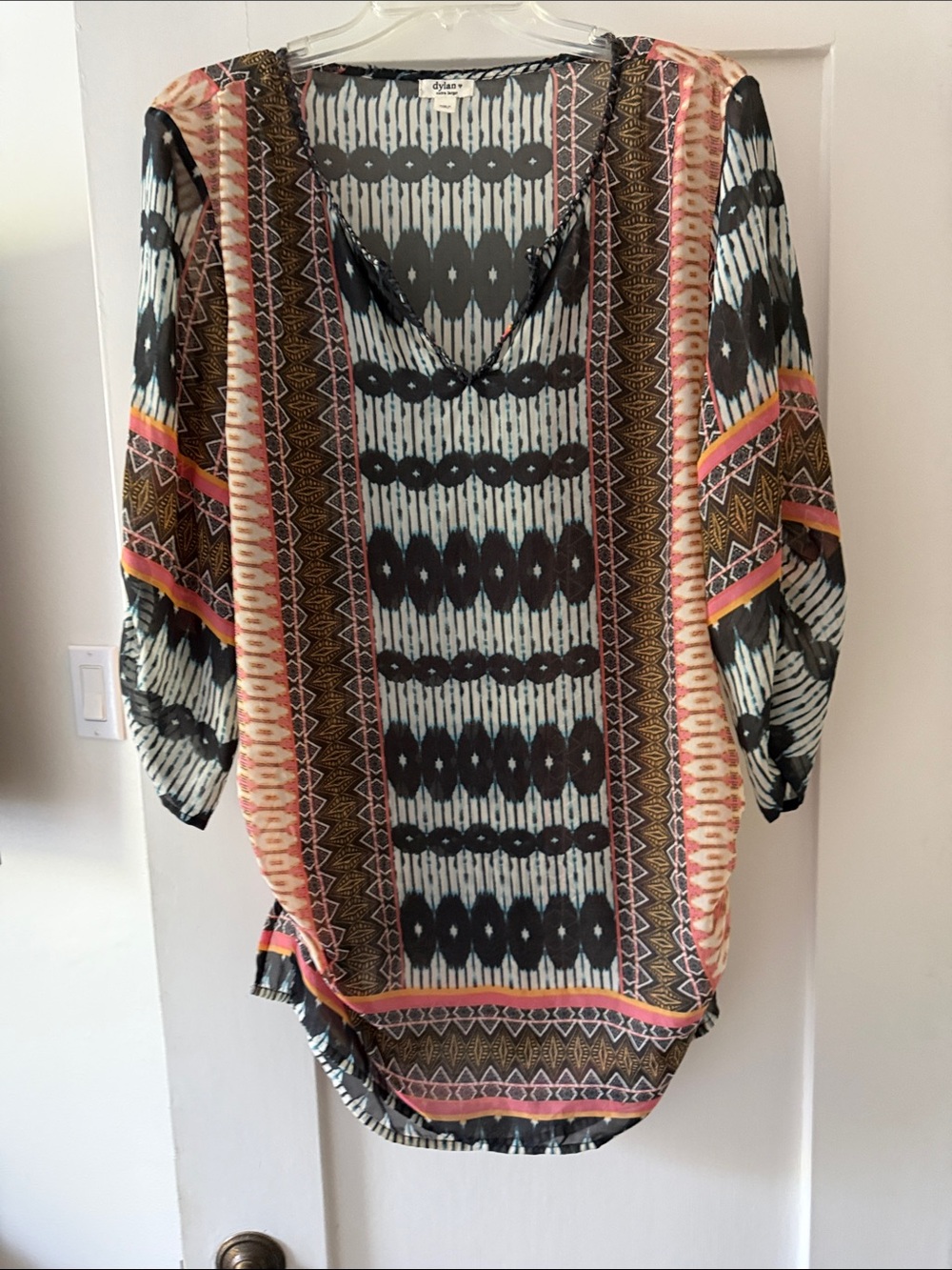 dylan Black, Pink & Brown Boho Geometric V-Neck Tunic